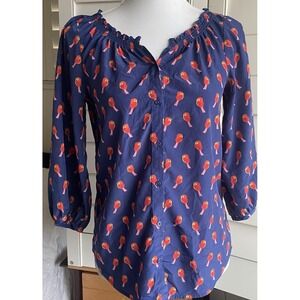 Old Navy Bird Print Button Up Top Women XS Blue Red AOP birdies 3/4 Puff Sleeves